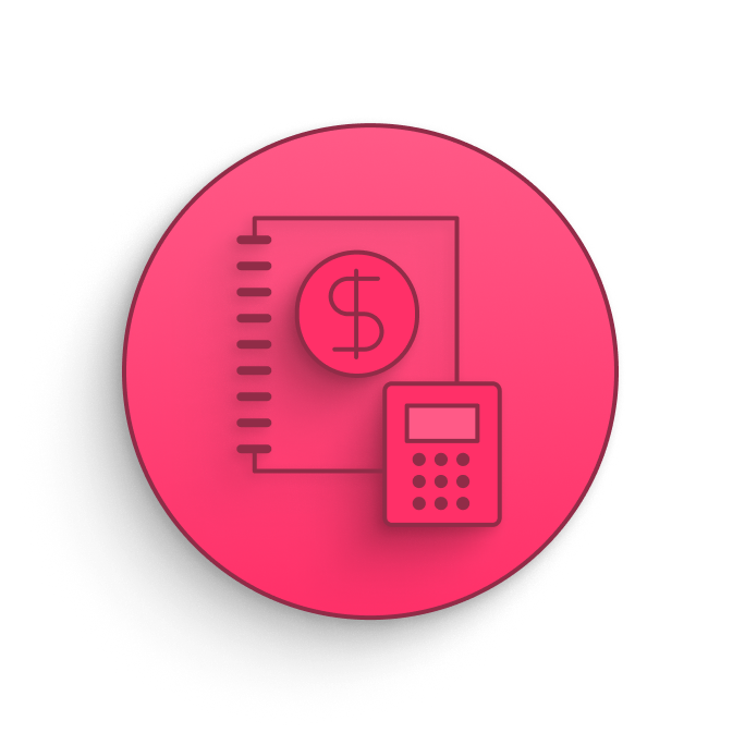 Icon showing a circle with a dollar sign and a calculator