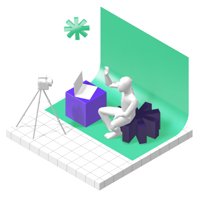 3d image with camera on tripod, person sitting on an aesterick, and computer on a table