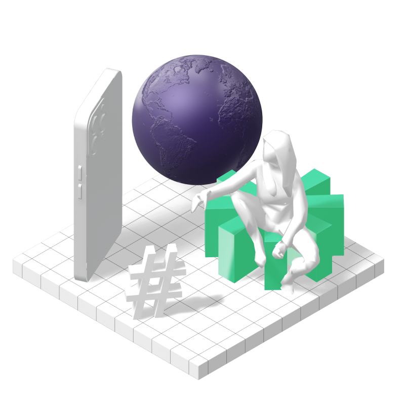 3d image of a floating world globe, female sitting on an aesterick looking at a large iphone