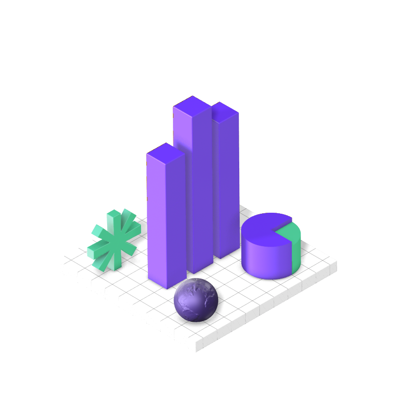 3d image with pie chart, world globe, asterisk, and bar chart