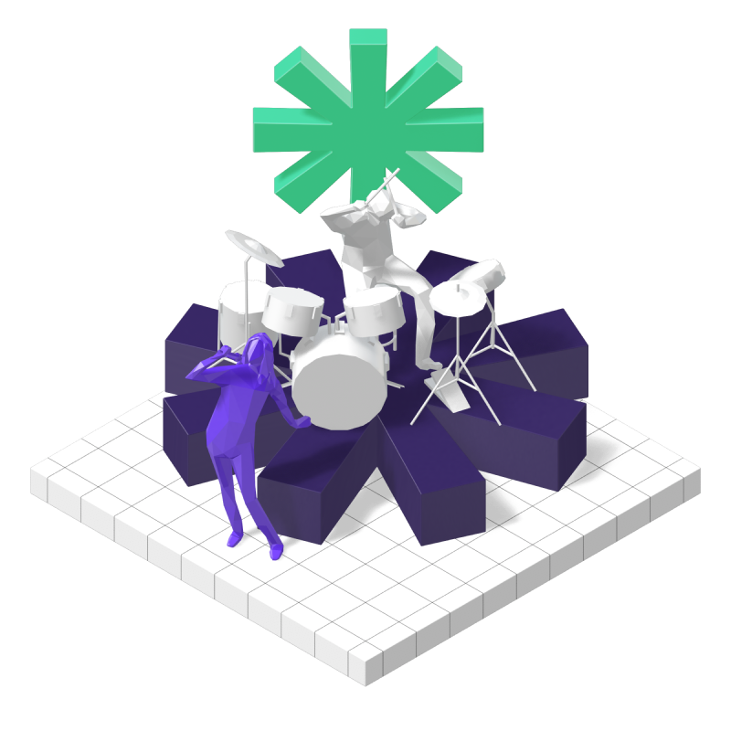 3d image of a drummer on top of an aesterick with a singer