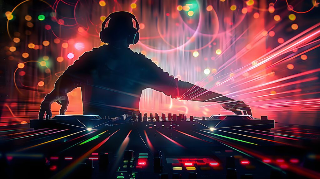 silhouette of a person with headphones on at a DJ console with laser lights around