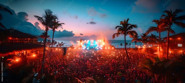 concert with palm trees and crowd in the foreground and ocean water behind the stage with multi-colored lights