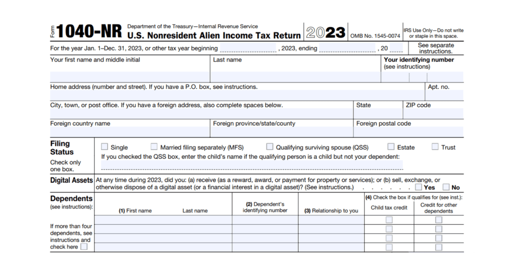 Form 1040-NR from the IRS Website