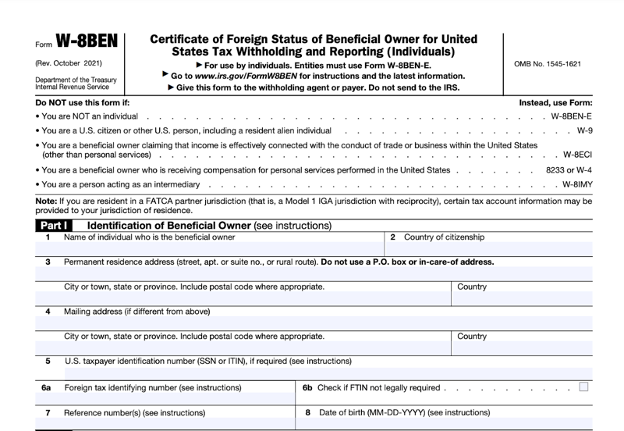 Blank W-8BEN form ready to be filled out